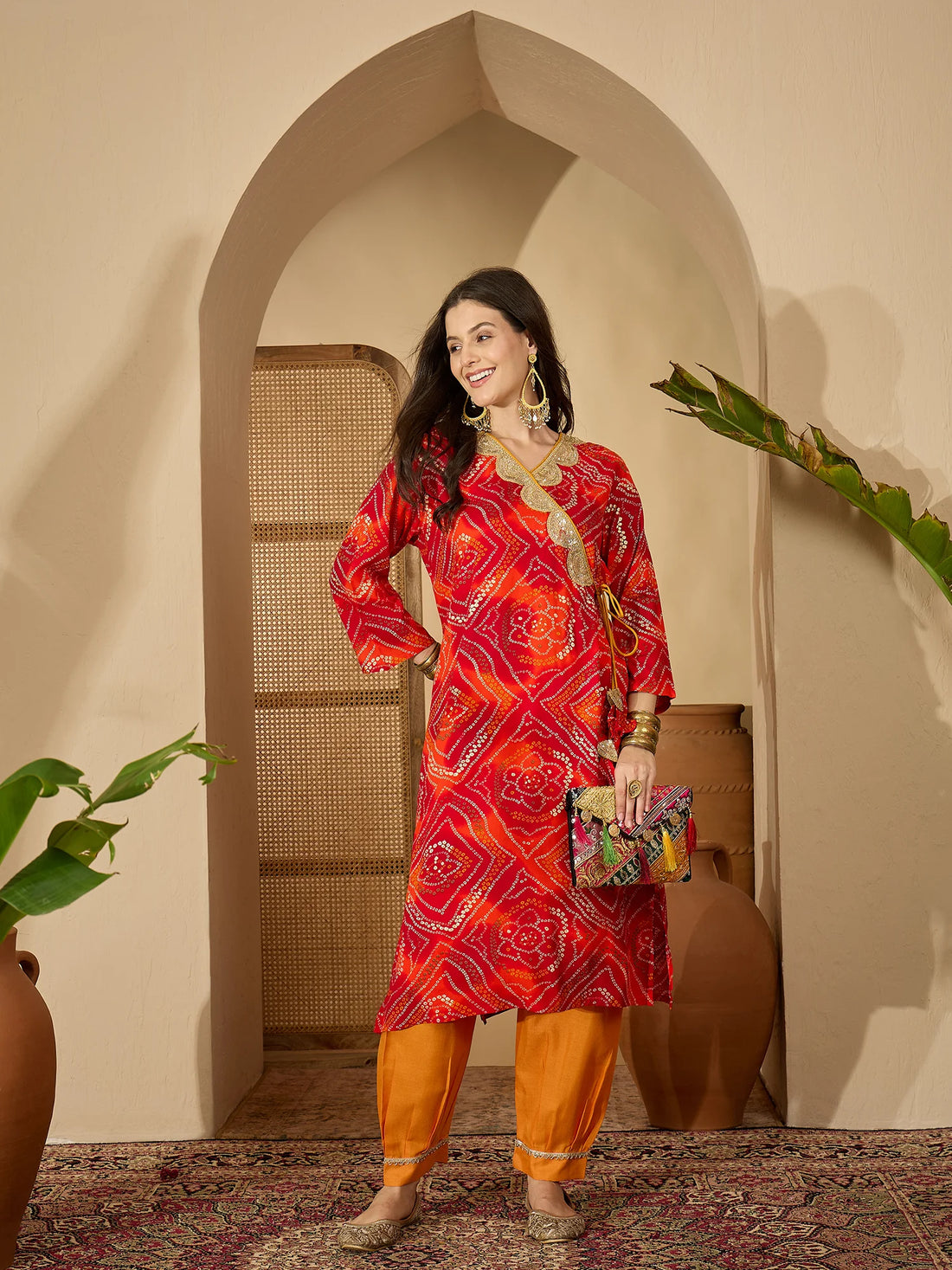 Red Pure Rayon Bandhani & Embroidered Angrakha Knot Kurta salwar suit Set