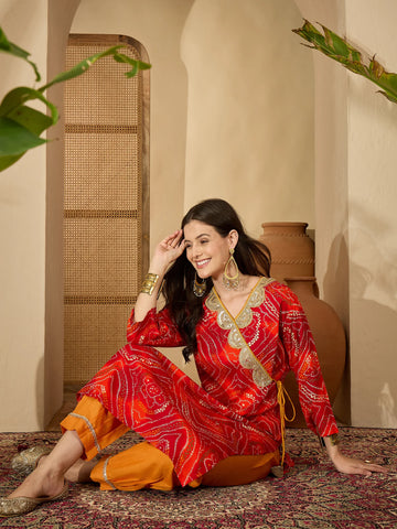 Red Pure Rayon Bandhani & Embroidered Angrakha Knot Kurta salwar suit Set