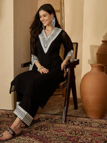 Black Georgette Embridered Straight Kurta Palazzo Set