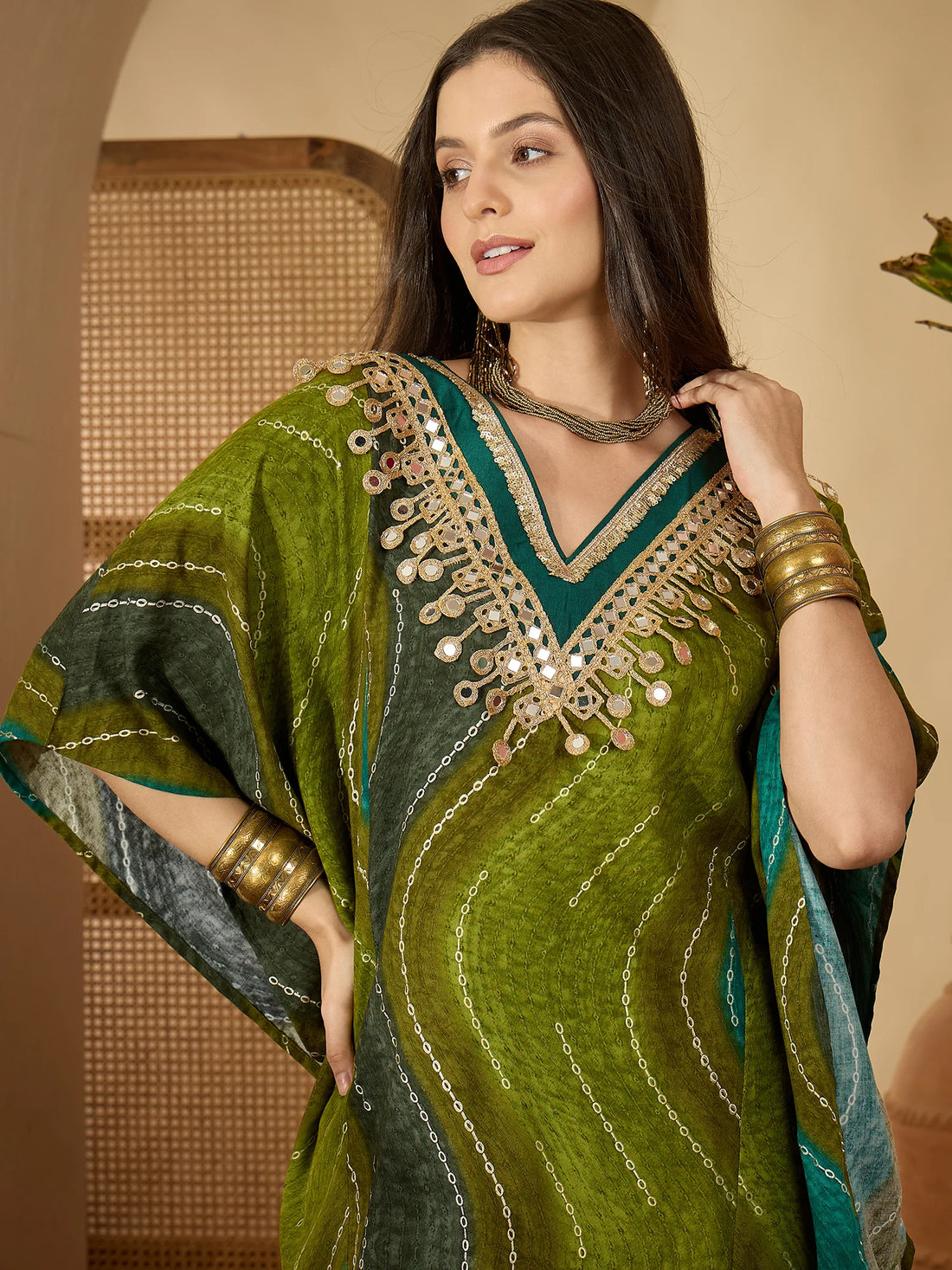 Green Viscose Rayon Leheriya Print Kaftan Kurta with Dhoti Pant Set