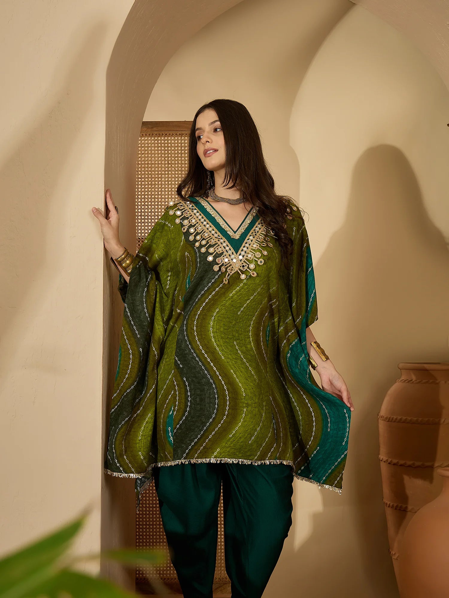 Green Viscose Rayon Leheriya Print Kaftan Kurta with Dhoti Pant Set