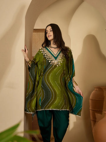 Green Viscose Rayon Leheriya Print Kaftan Kurta with Dhoti Pant Set
