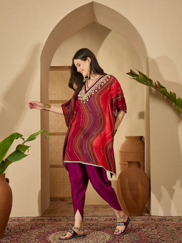 Red Viscose Rayon Leheriya Print Kaftan Kurta with Dhoti Pant Set