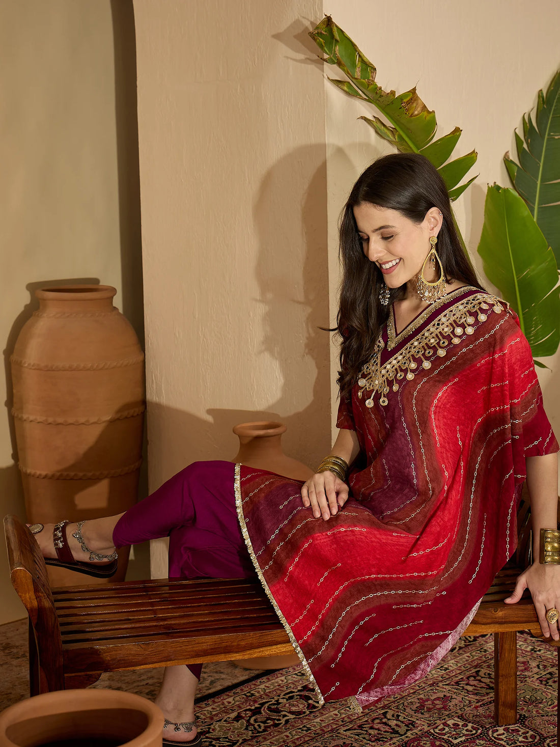 Red Viscose Rayon Leheriya Print Kaftan Kurta with Dhoti Pant Set