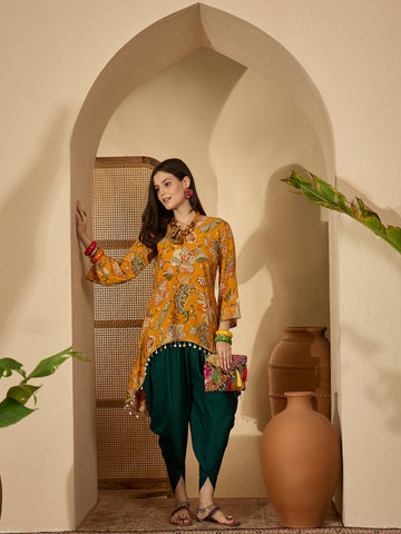 Gold Rayon Floral Print High-Low C-Cut Kurta with Dhoti Pant Set
