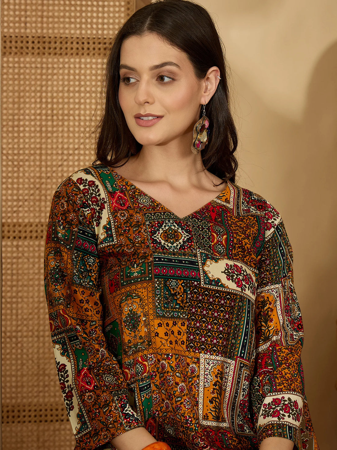 Mustard Rayon Batik Print High-Low C-Cut Kurta with Dhoti Pant Set