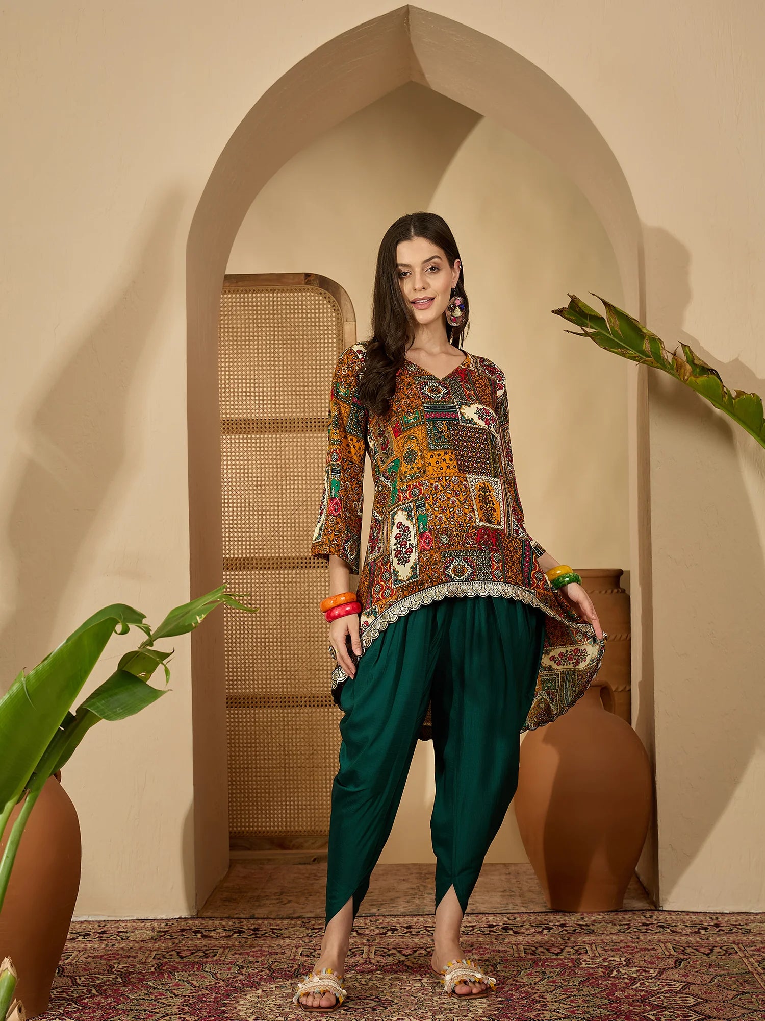Mustard Rayon Batik Print High-Low C-Cut Kurta with Dhoti Pant Set