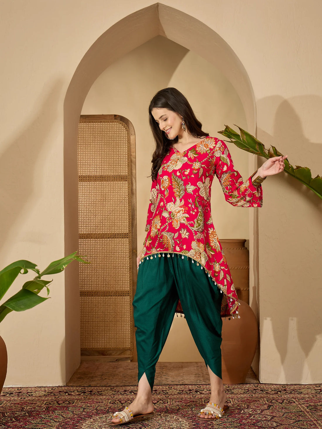 Pink Rayon Floral Print High-Low C-Cut Kurta with Dhoti Pant Set