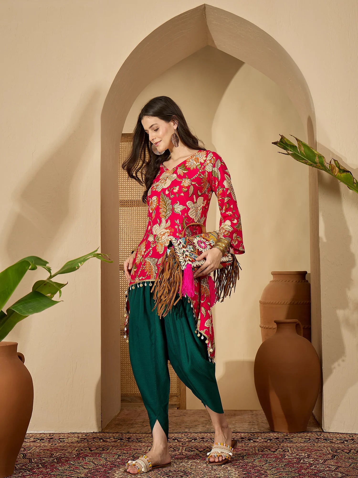 Pink Rayon Floral Print High-Low C-Cut Kurta with Dhoti Pant Set