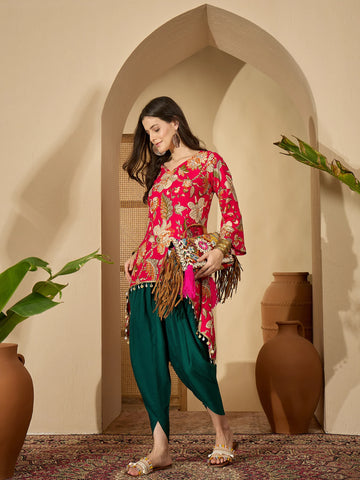 Pink Rayon Floral Print High-Low C-Cut Kurta with Dhoti Pant Set