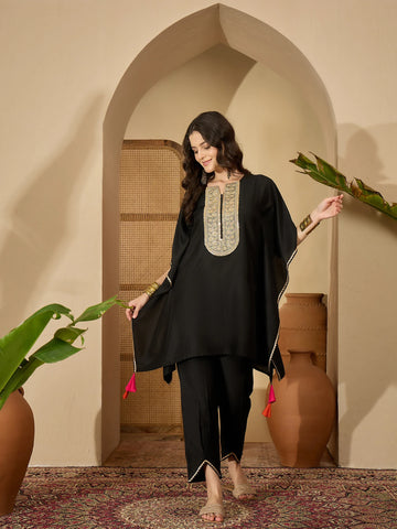 Black Cotton Silk Embroidered Kaftan Kurta with Pant Set