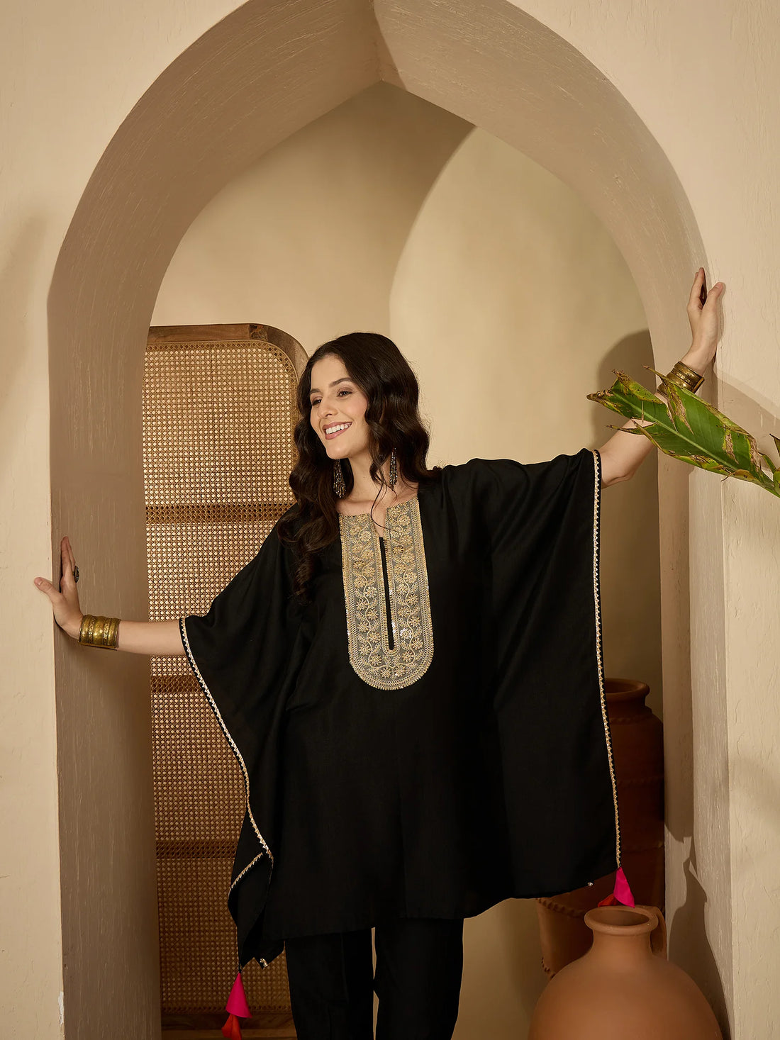 Black Cotton Silk Embroidered Kaftan Kurta with Pant Set