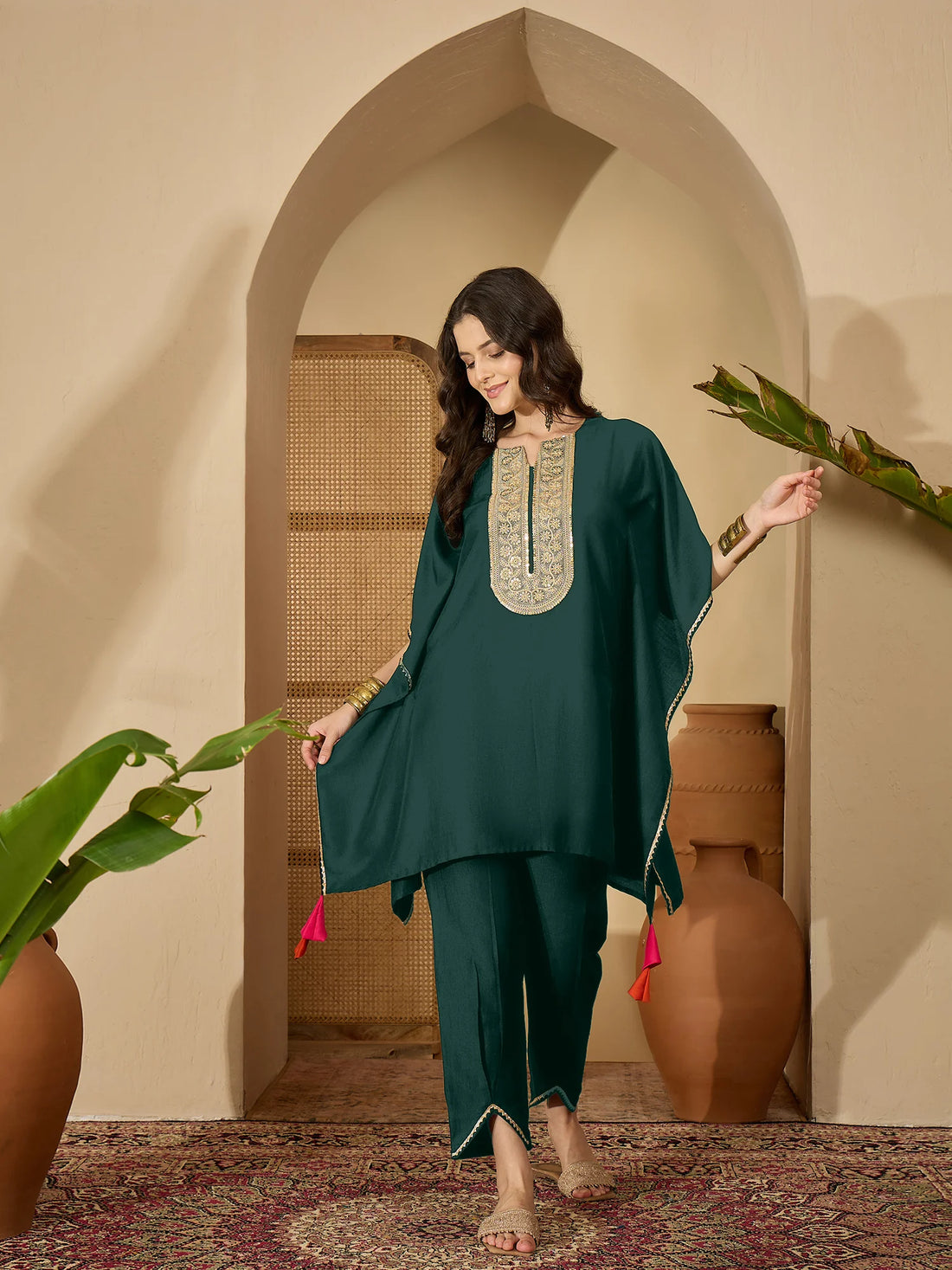 Green Cotton Silk Embroidered Kaftan Kurta with Pant Set