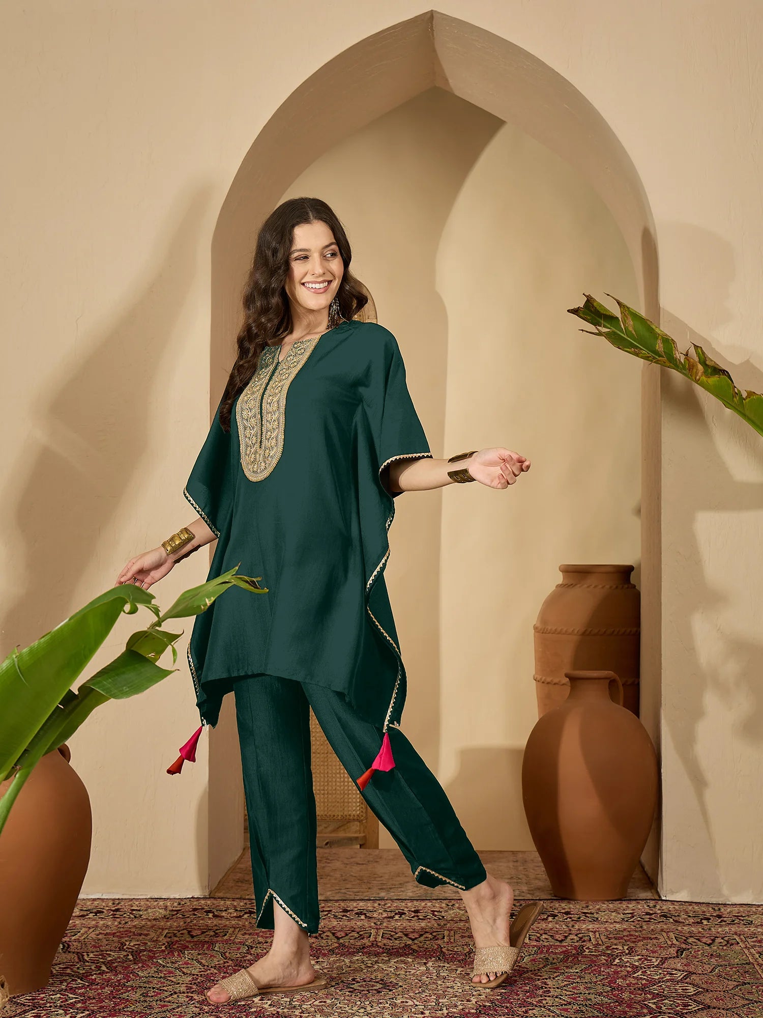 Green Cotton Silk Embroidered Kaftan Kurta with Pant Set