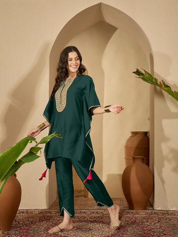 Green Cotton Silk Embroidered Kaftan Kurta with Pant Set