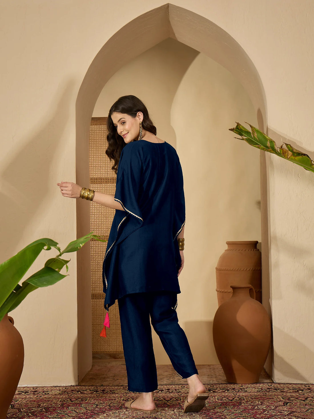 Navy Blue Women's Green Cotton Silk Embroidered Kaftan Kurta with Pant Set