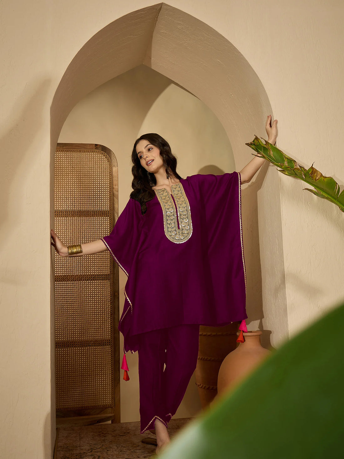 Wine Cotton Silk Embroidered Kaftan Kurta with Pant Set