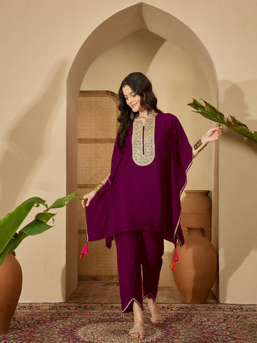 Wine Cotton Silk Embroidered Kaftan Kurta with Pant Set