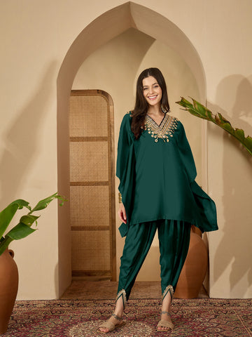 Green Cotton Silk Embroidered Kaftan Kurta with Dhoti Pant Set