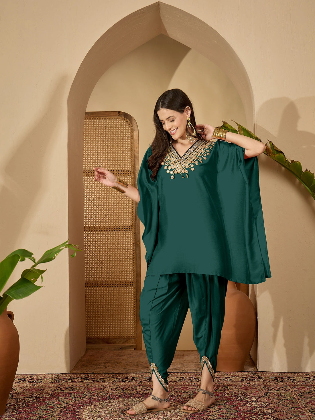 Green Cotton Silk Embroidered Kaftan Kurta with Dhoti Pant Set