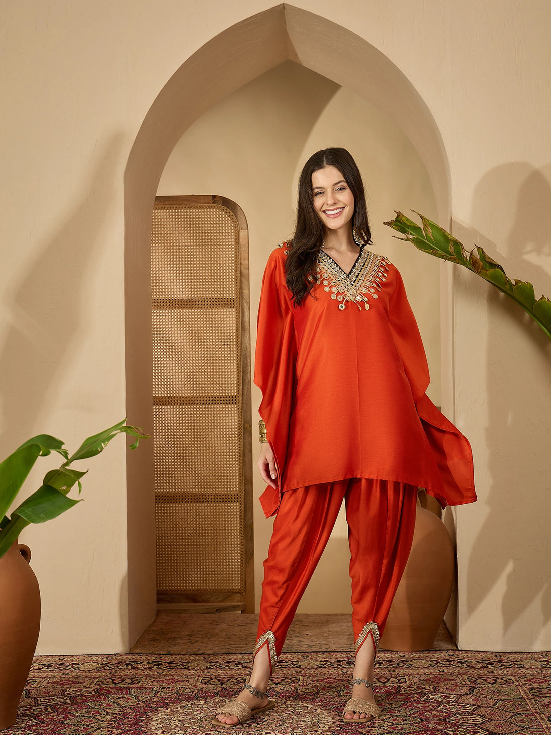 Orange Cotton Silk Embroidered Kaftan Kurta with Dhoti Pant Set