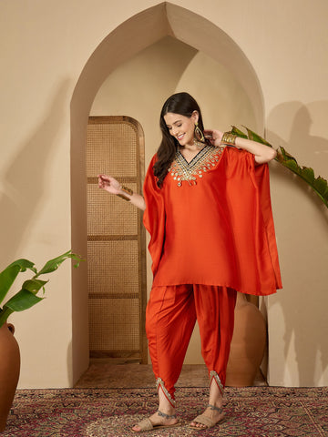 Orange Cotton Silk Embroidered Kaftan Kurta with Dhoti Pant Set