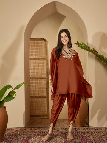 Rust Cotton Silk Embroidered Kaftan Kurta with Dhoti Pant Set