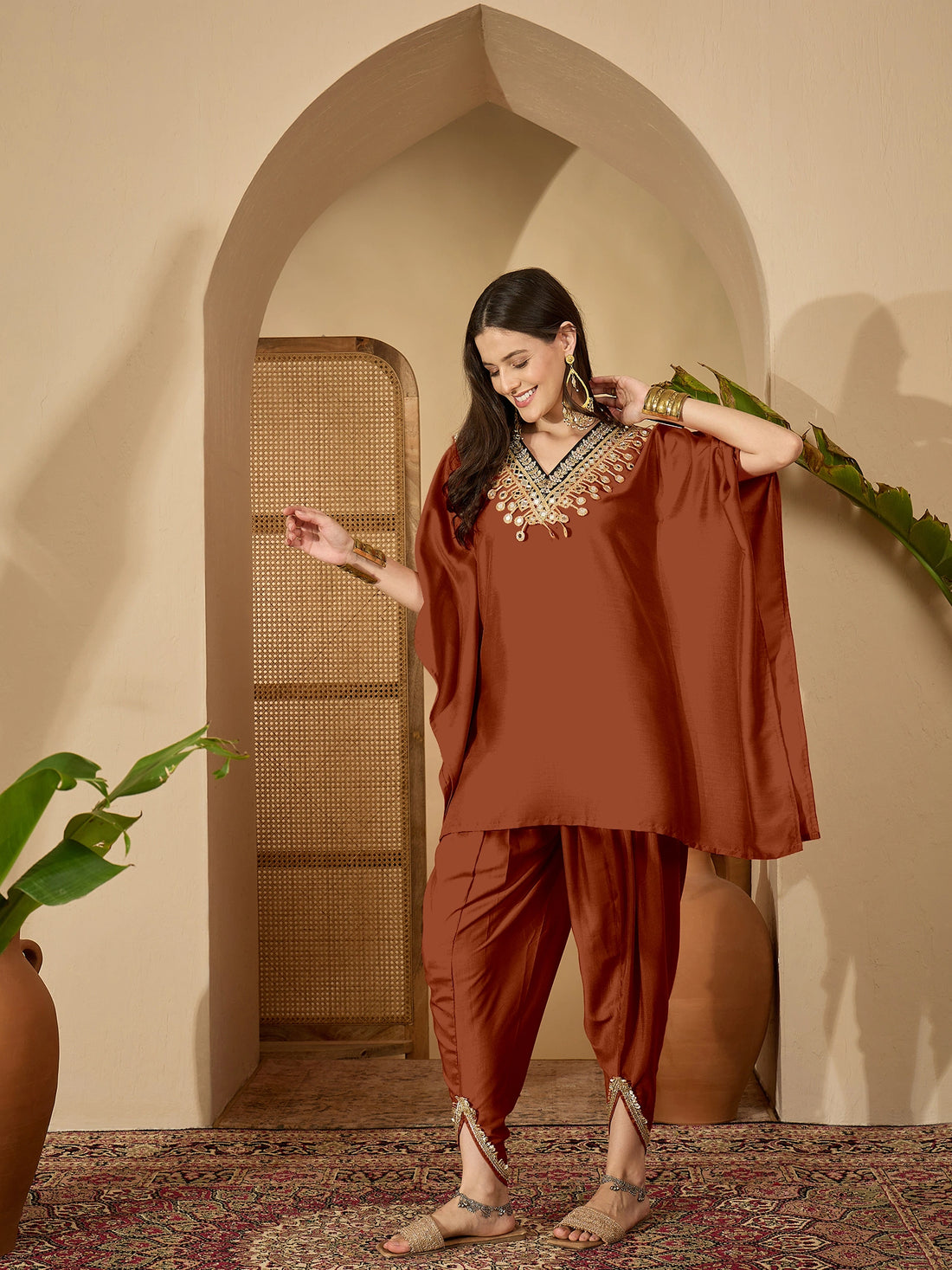 Rust Cotton Silk Embroidered Kaftan Kurta with Dhoti Pant Set