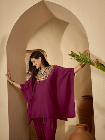 Wine Cotton Silk Embroidered Kaftan Kurta with Dhoti Pant Set