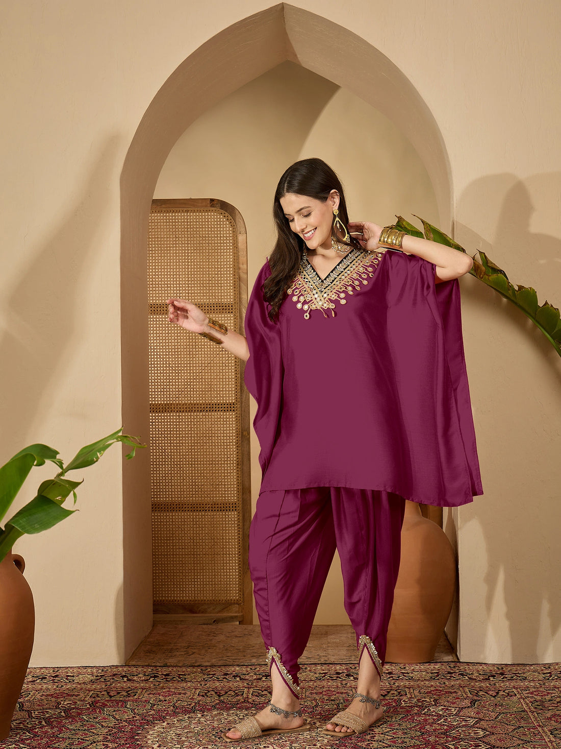 Wine Cotton Silk Embroidered Kaftan Kurta with Dhoti Pant Set