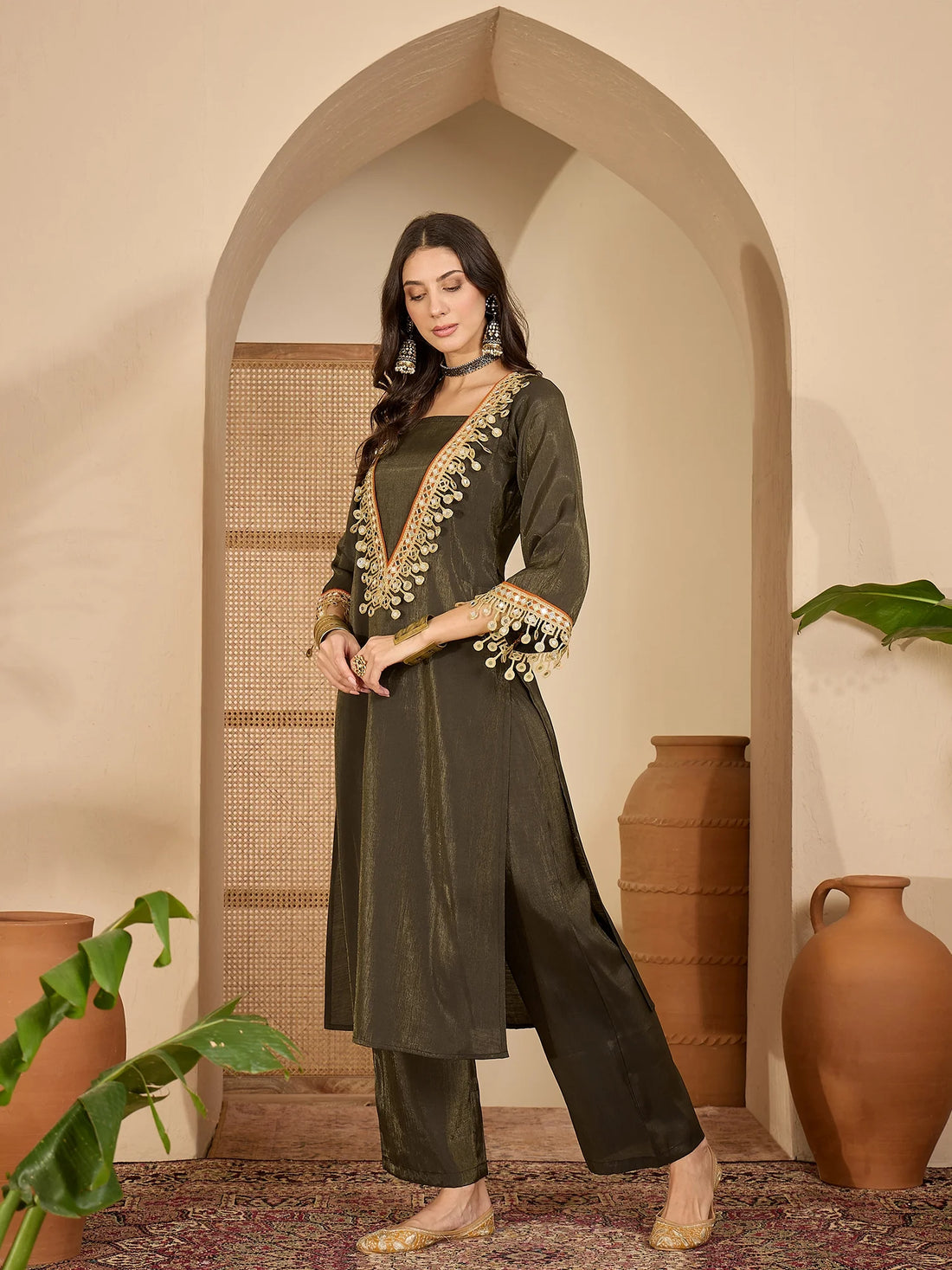 Green Blue Silk Blend Embroidered & Mirror Work fusion Kurta Palazzo Set
