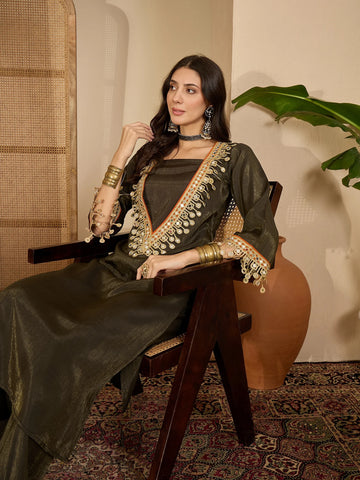 Green Blue Silk Blend Embroidered & Mirror Work fusion Kurta Palazzo Set