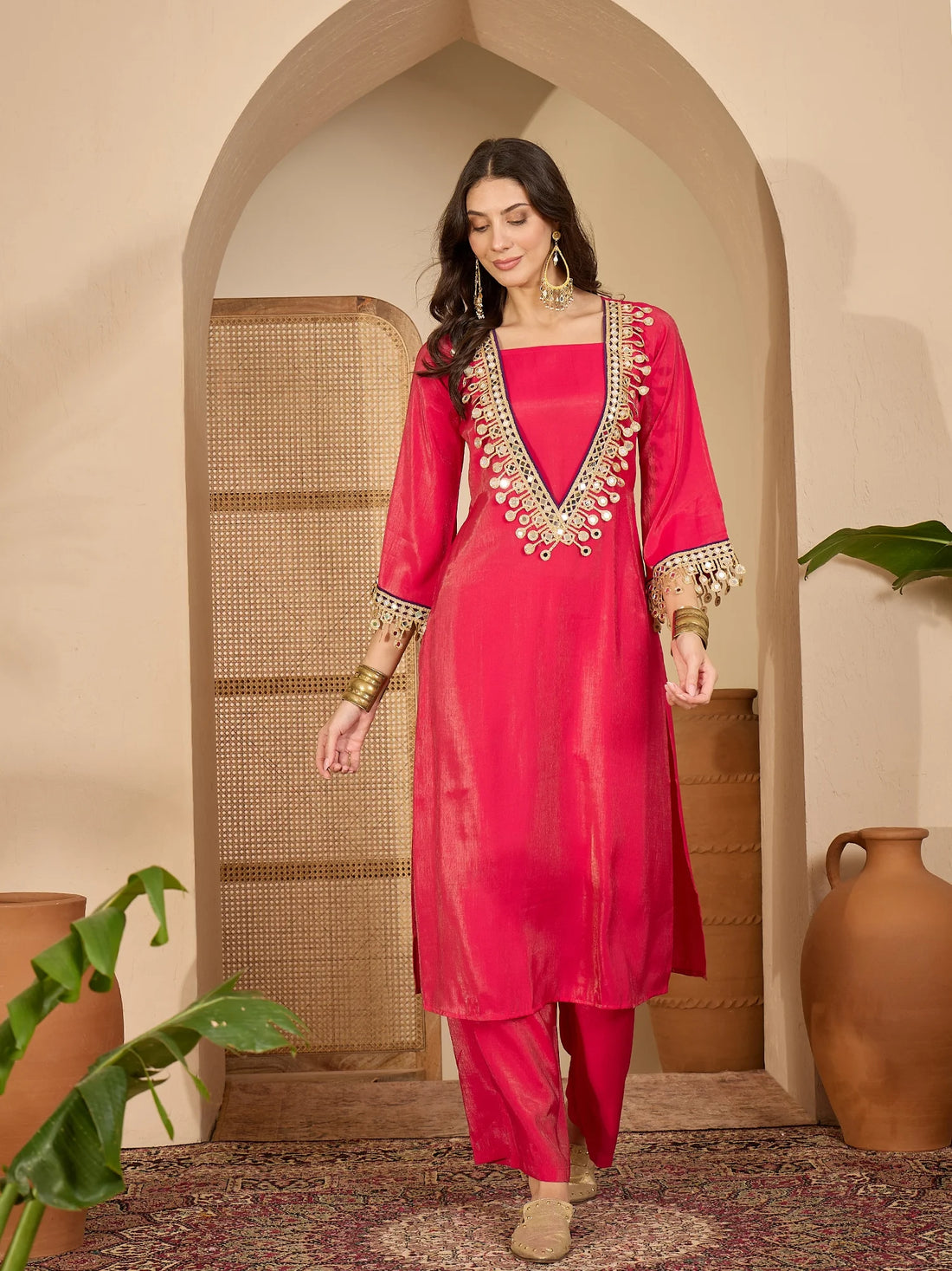 Pink Blue Silk Blend Embroidered & Mirror Work fusion Kurta Palazzo Set