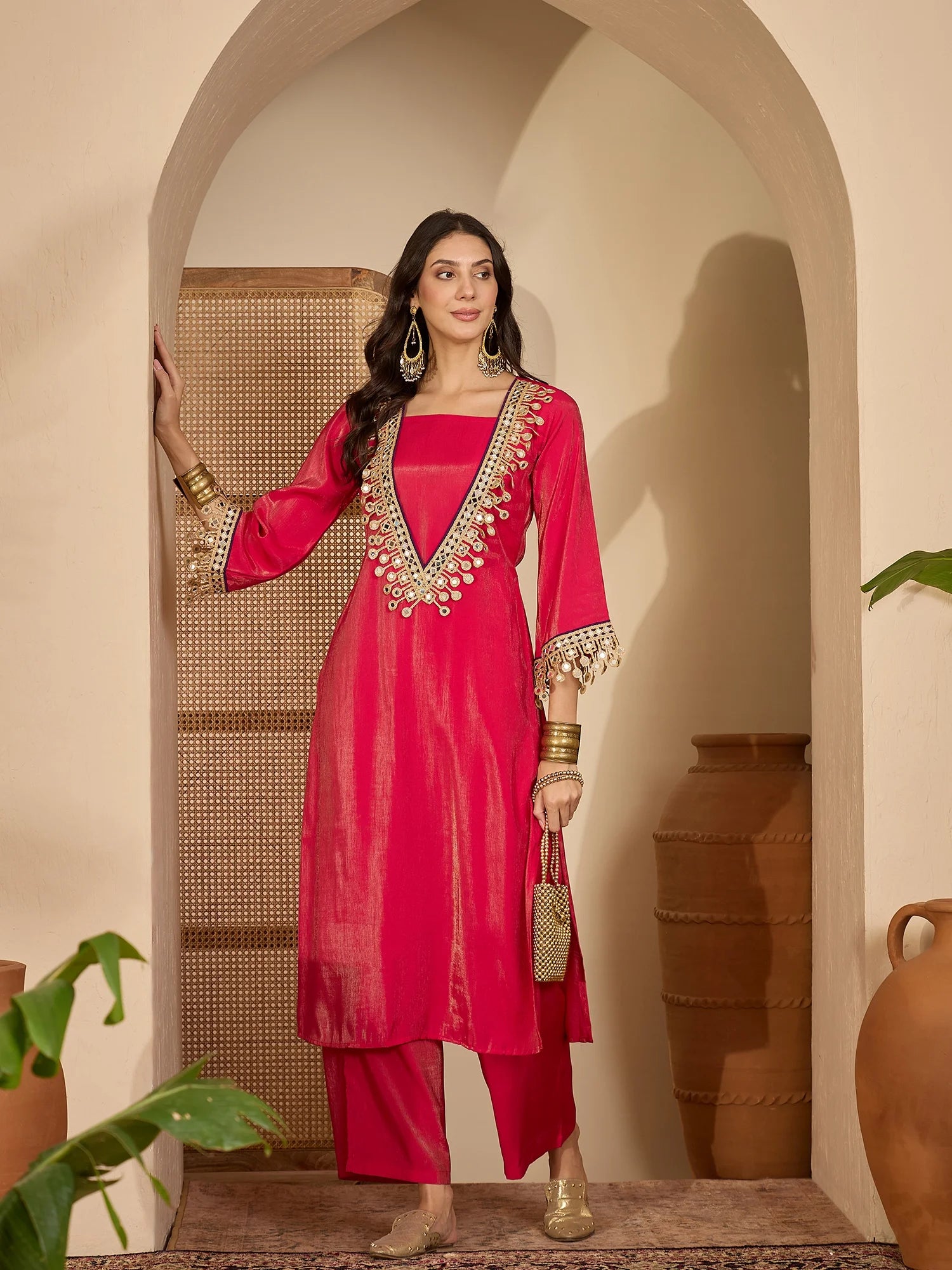 Pink Blue Silk Blend Embroidered & Mirror Work fusion Kurta Palazzo Set