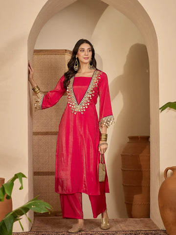Pink Blue Silk Blend Embroidered & Mirror Work fusion Kurta Palazzo Set