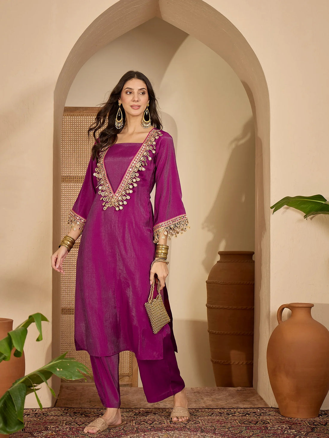 Purple Blue Silk Blend Embroidered & Mirror Work fusion Kurta Palazzo Set