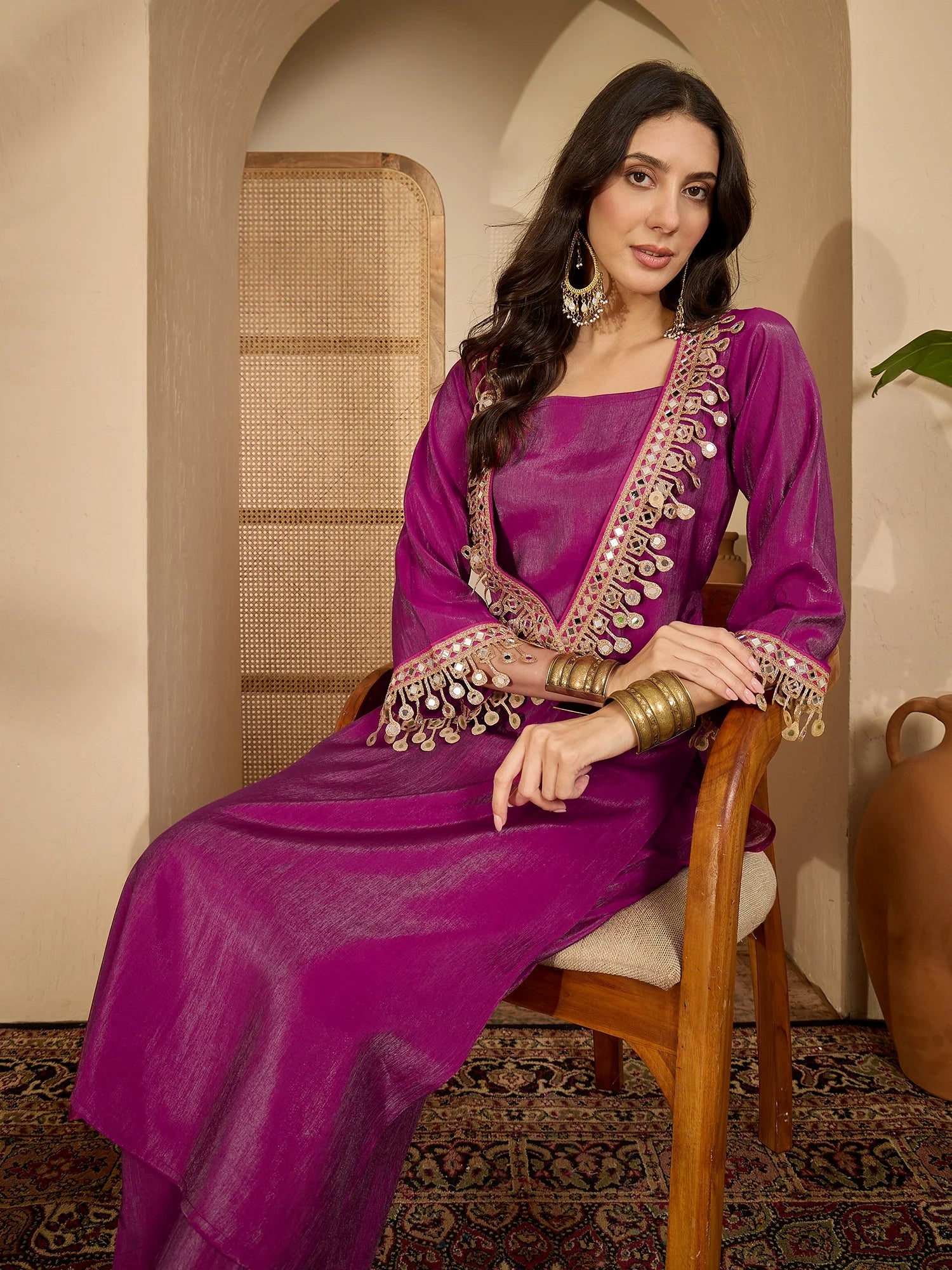 Purple Blue Silk Blend Embroidered & Mirror Work fusion Kurta Palazzo Set