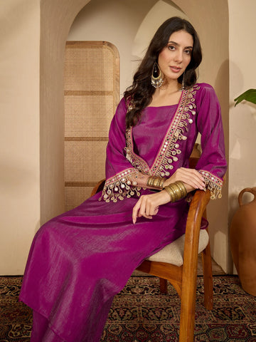 Purple Blue Silk Blend Embroidered & Mirror Work fusion Kurta Palazzo Set