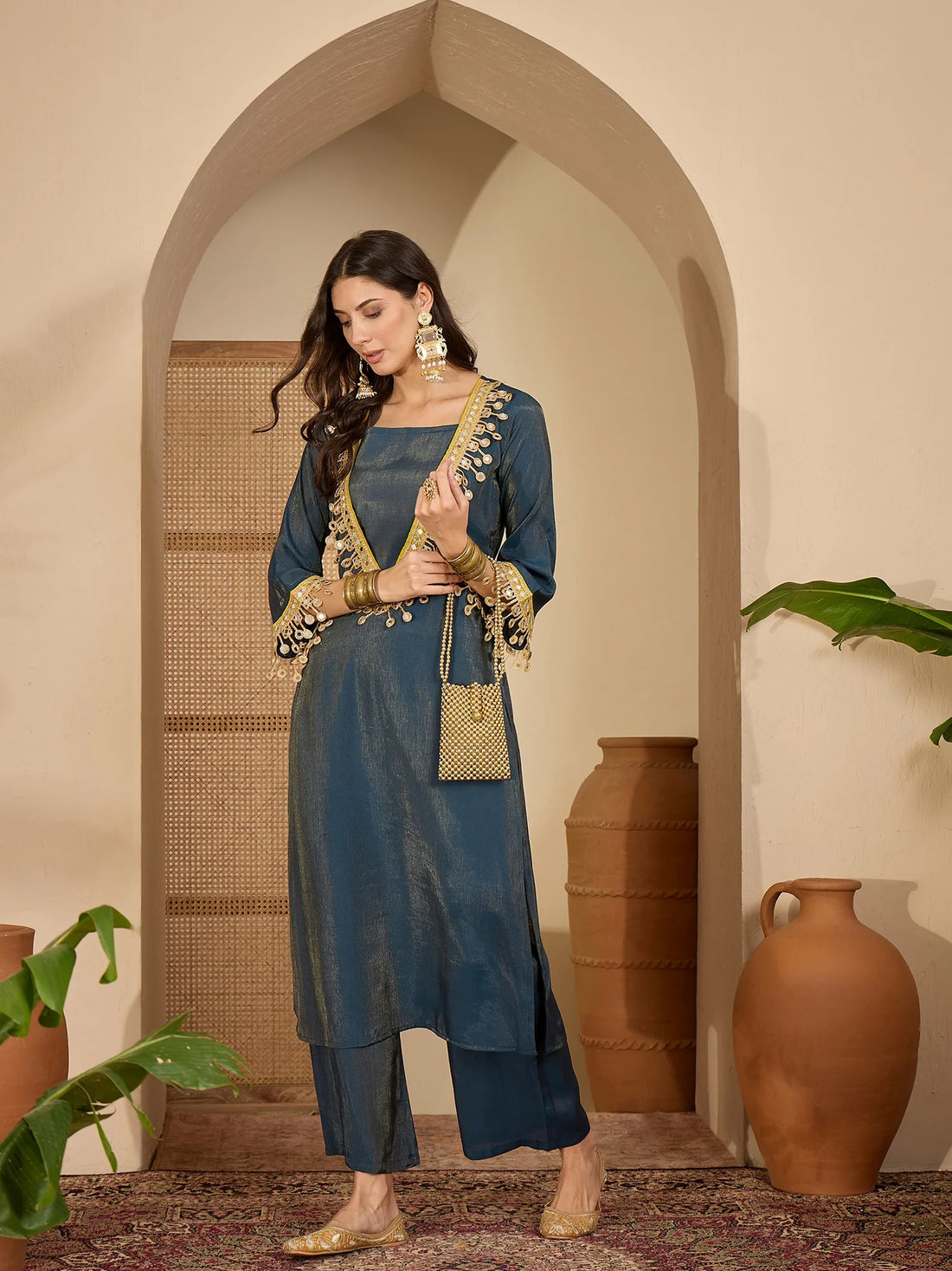 Teal Blue Silk Blend Embroidered & Mirror Work fusion Kurta Palazzo Set