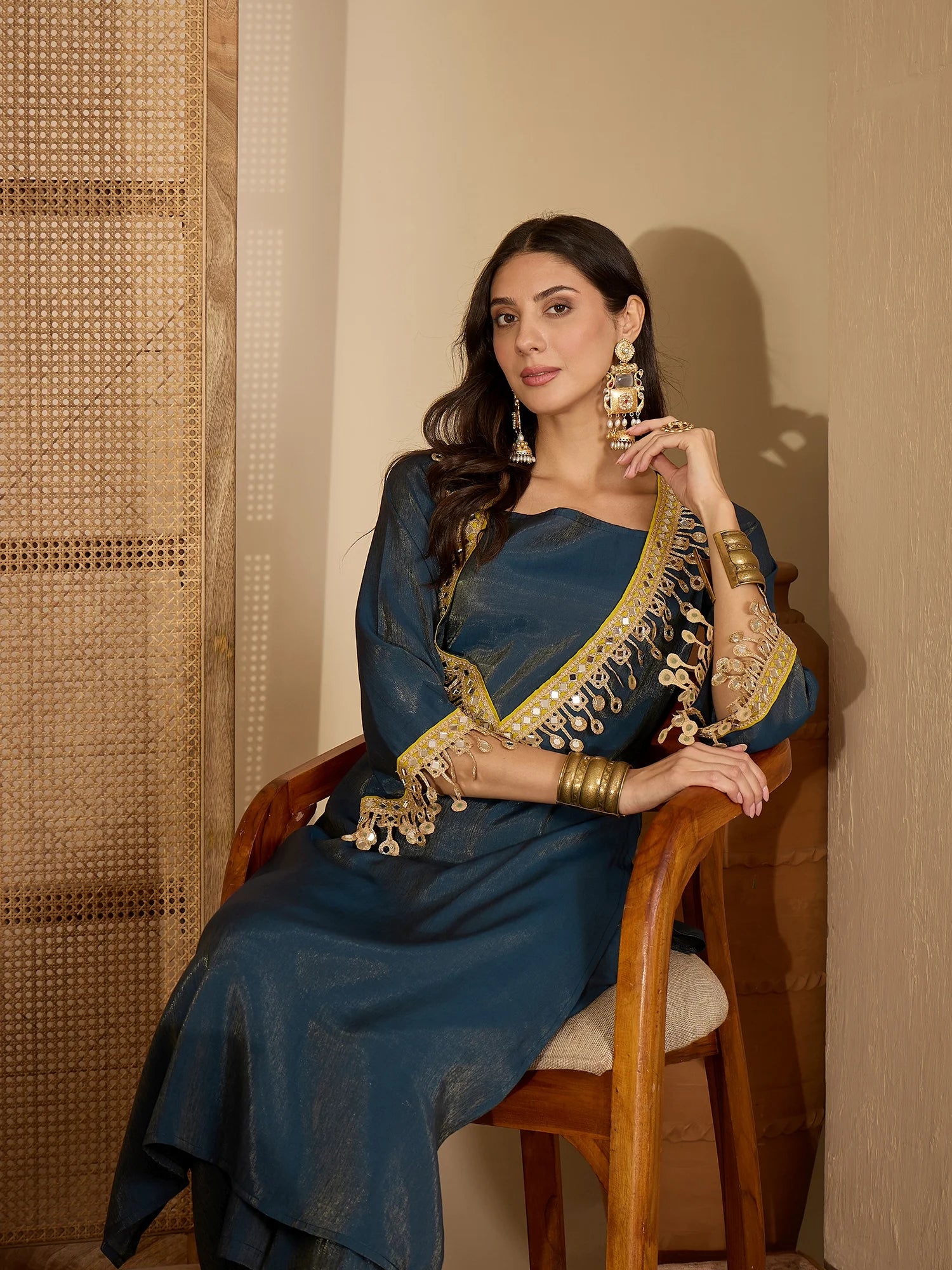 Teal Blue Silk Blend Embroidered & Mirror Work fusion Kurta Palazzo Set