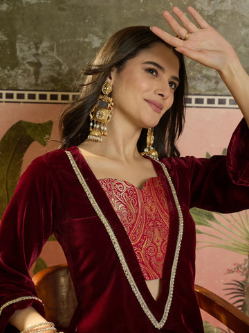 Maroon  Velvet Embroidered Straight Kurta Pant Set