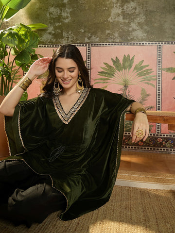 Green Velvet Embroidered Kaftan Kurta with Dhoti Pant Set