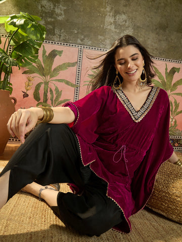 Pink Velvet Embroidered Kaftan Kurta with Dhoti Pant Set