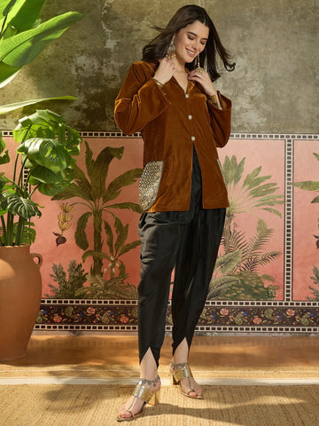 Gold Velvet Embroidered Blazer with Dhoti Pant Set