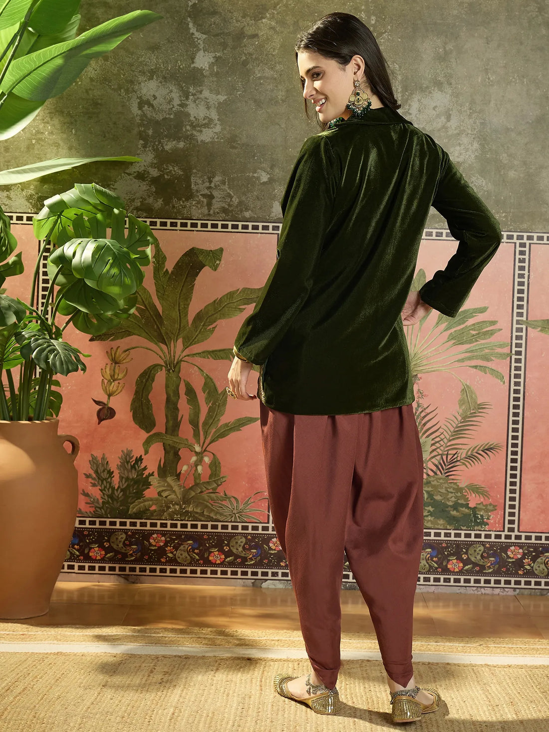 Green Velvet Embroidered Blazer with Dhoti Pant Set