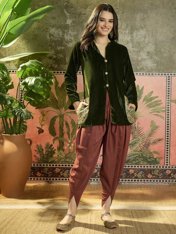 Green Velvet Embroidered Blazer with Dhoti Pant Set
