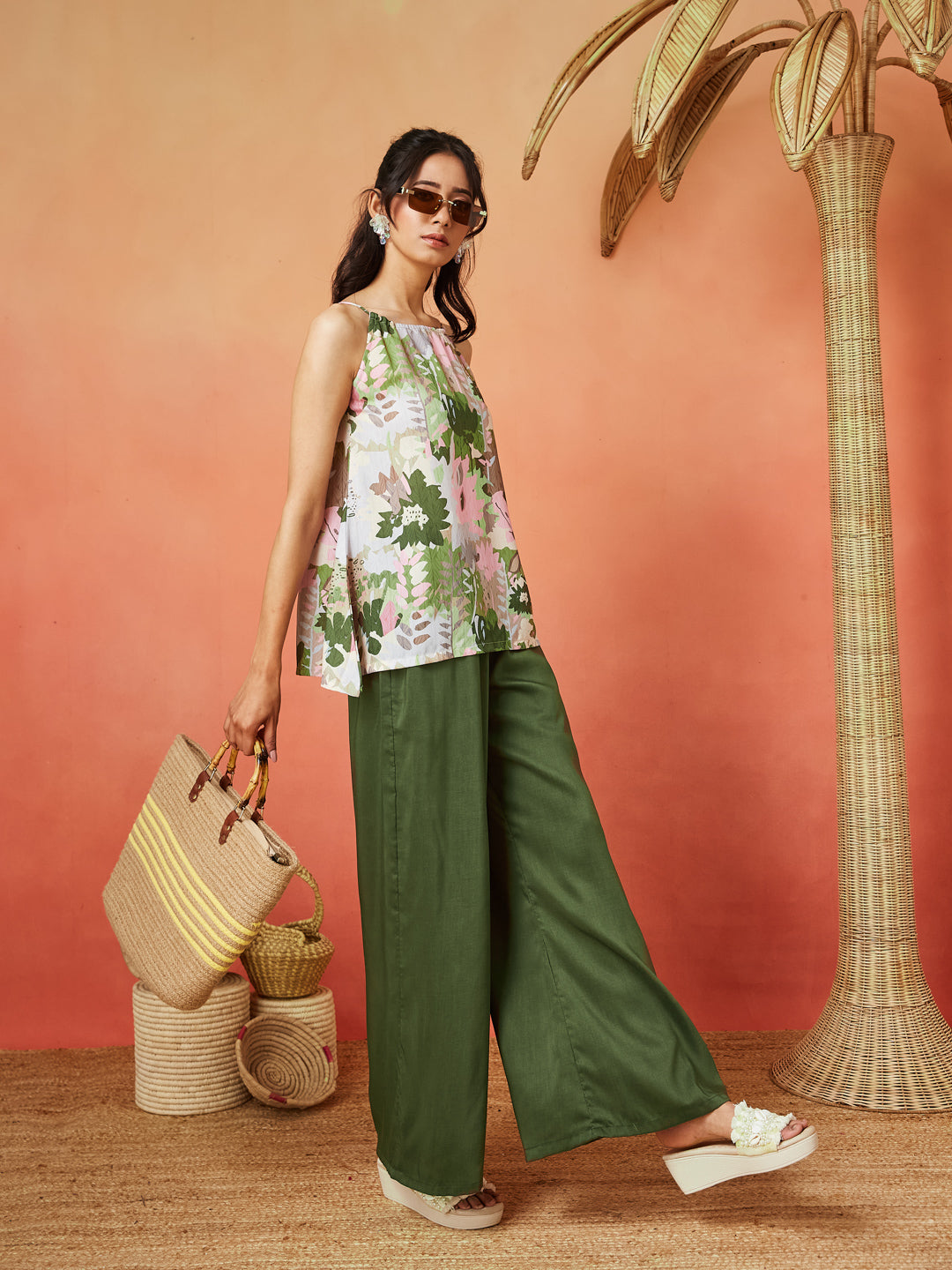 Off White and Green Silk Blend  A-line Floral Printed Co-ords Set
