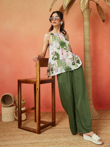 Off White and Green Silk Blend  A-line Floral Printed Co-ords Set