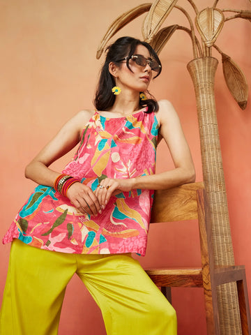 Pink and Yellow Silk Blend  A-line Floral Printed Co-ords Set