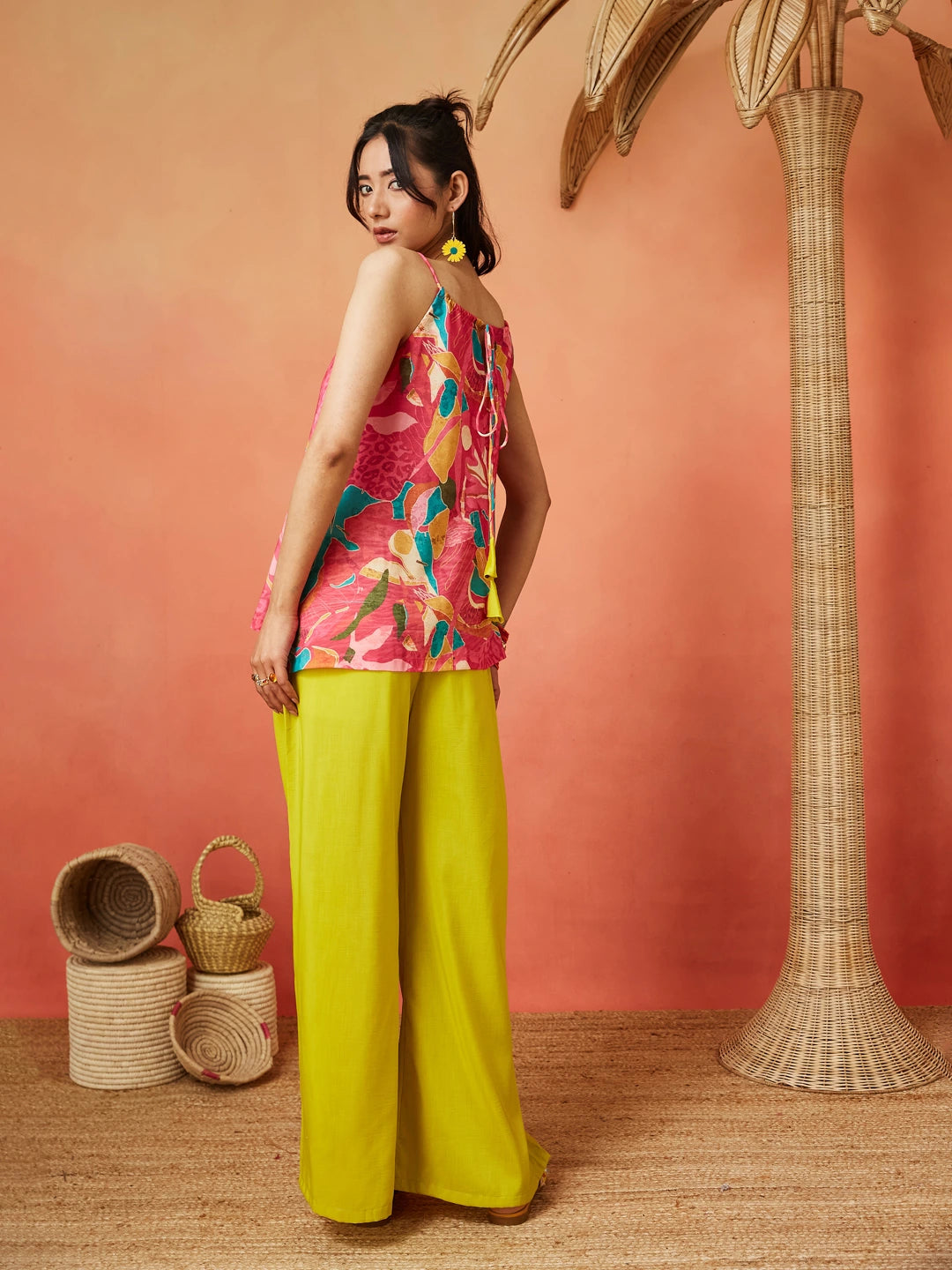 Pink and Yellow Silk Blend  A-line Floral Printed Co-ords Set